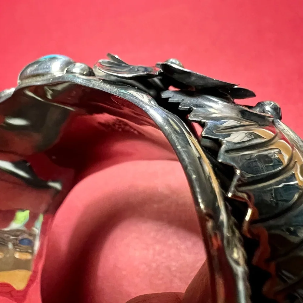 Vintage sterling silver Cuff Bracelet c11 925 Mexico Flower design/ turquoise - Picture 12 of 16